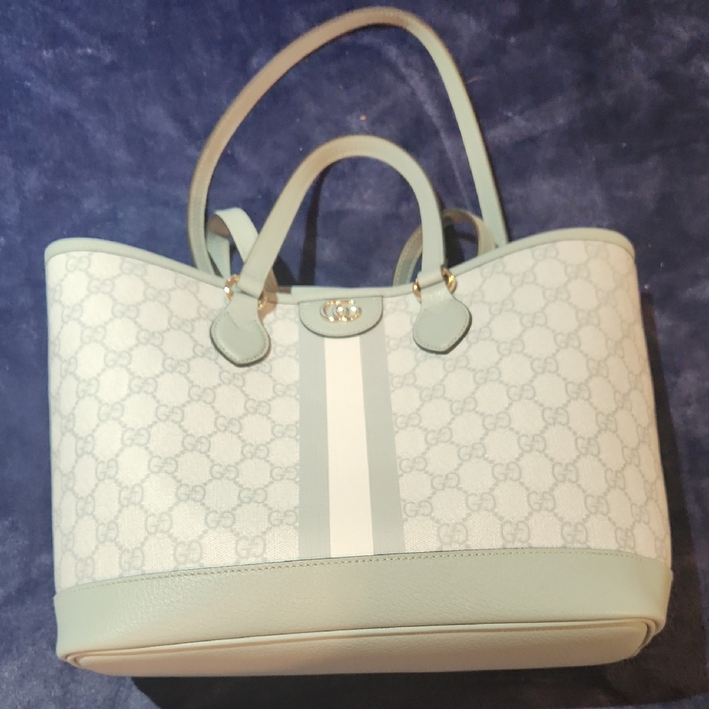 GUCCI White and Blue Designer Tote Bag